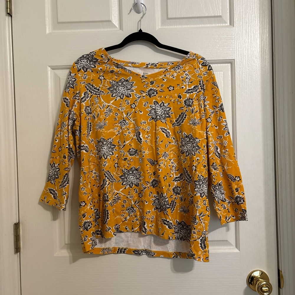 Kim Rogers Yellow Floral 3/4 Sleeve Tee